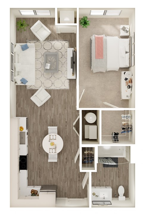 Floor plan for 1 bed, 1 bath, 674 sqft